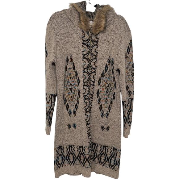 Anthropologie Beige Patterned Cardigan with Faux Fur Collar - Picture 4 of 14